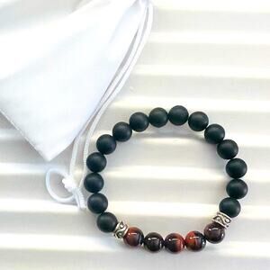 New Mens Red Tiger Eye & Black Onyx Beaded Bracelet w/ Sterling Silver Accents